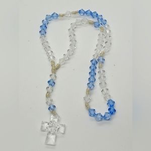 Childrens five decade plastic beaded rosary light blue and clear beads.l